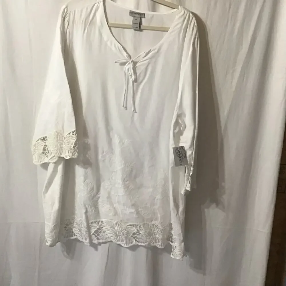 NWT Catherines White 100% Cotton Boho Floral Embroidered Lace Coverup 2X